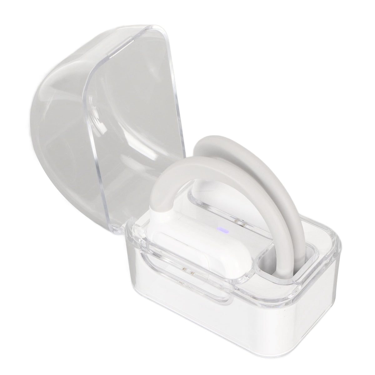 Open-Ear Translator Earbuds in their clear charging case, lid open