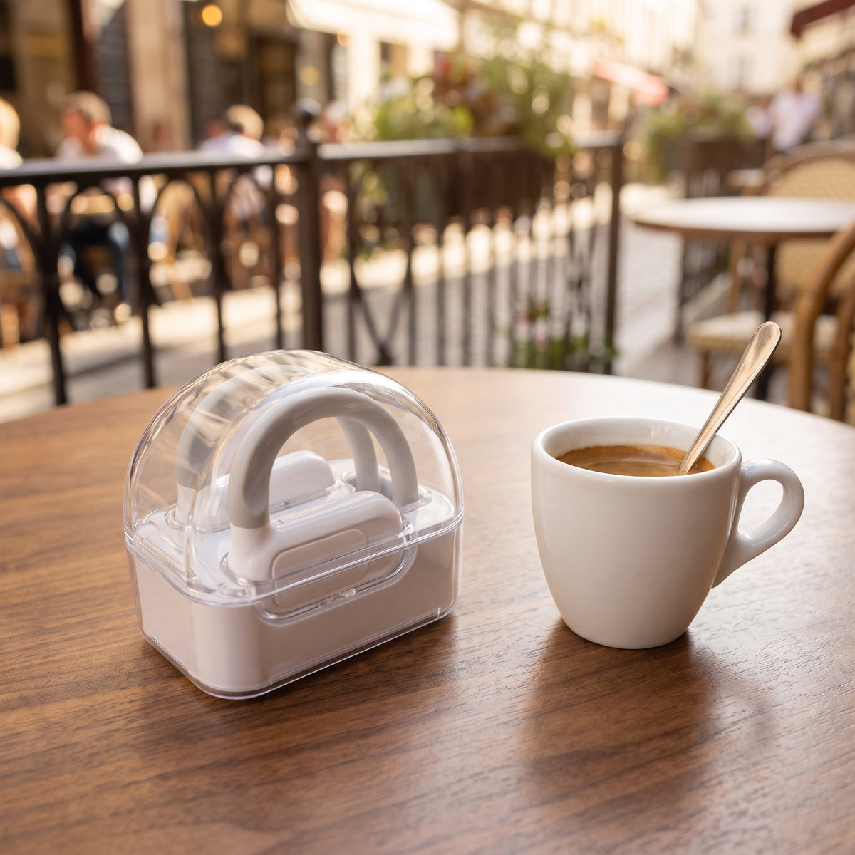 Closed charging case on a café table next to an espresso