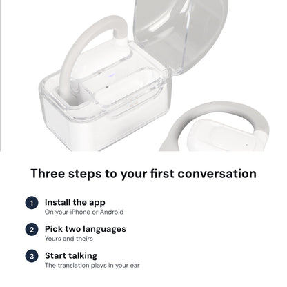 Three steps: install the app, pick two languages, start talking